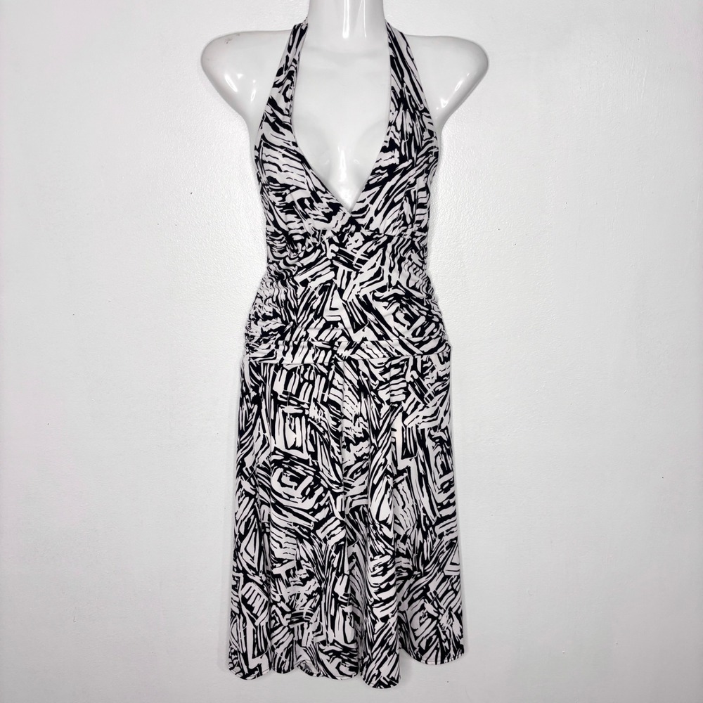 BCBGMAXAZRIA Halter Dress Small Petite Black White Abstract Chic Glam Party